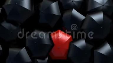 美丽的站在人群的概念，<strong>红伞</strong>穿过黑色伞流在雷雨中